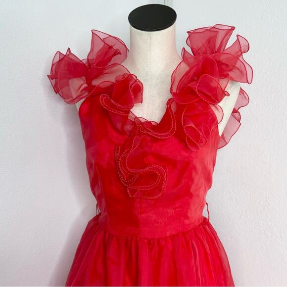 Vintage 80s Red Puffy Ruffle Dress Organza USA Union Made Small - Picture 4 of 14